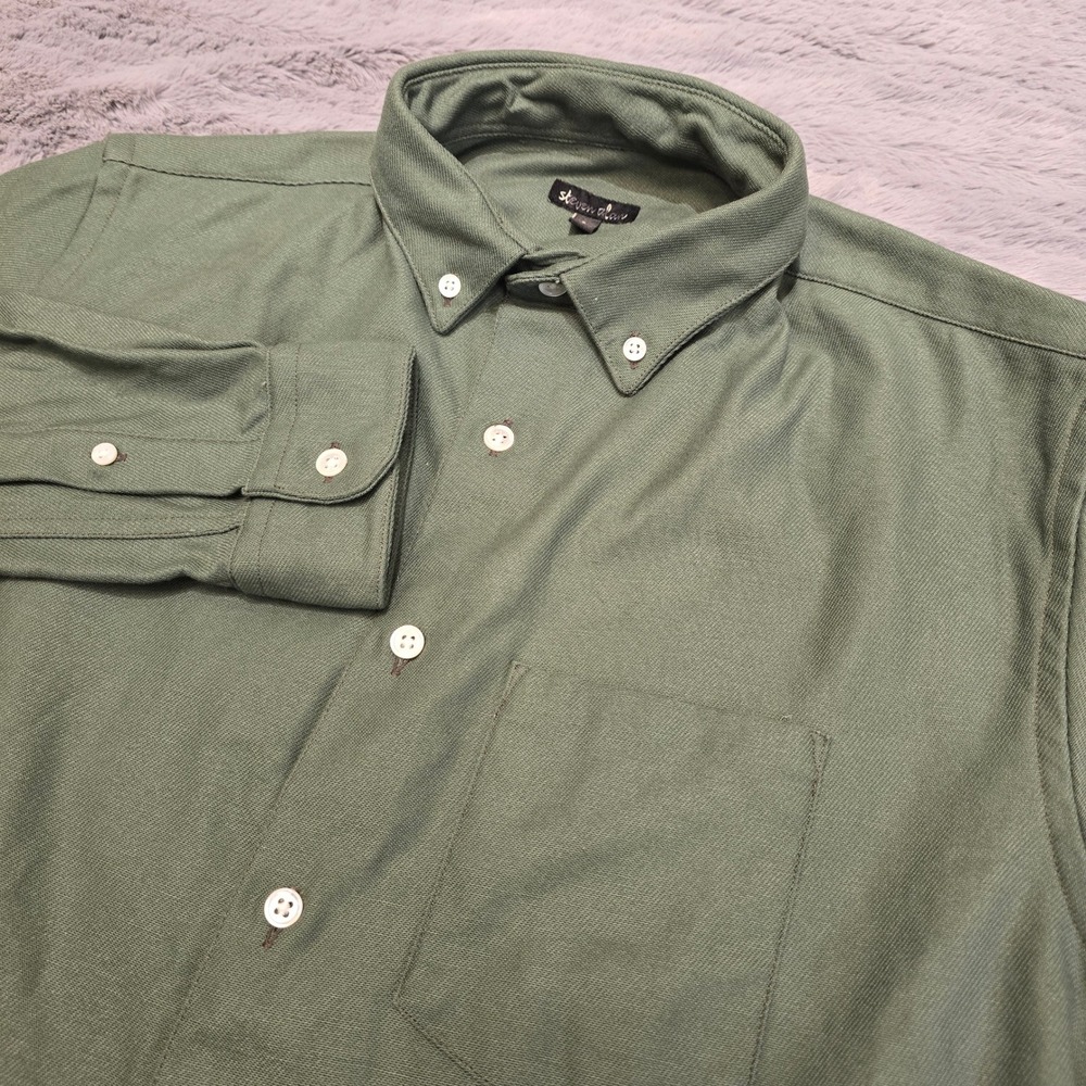 Steven Alan Mens Small Olive Green Cotton Twill Button Down Shirt‎ Made in USA